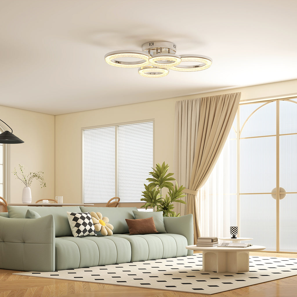 LED Ceiling Light, Modern 4 Rings Ceiling Lamp With Wall Switch Control, 40W 4350lm Flush Mount Ceiling Light With 3500K/4500K/6000K Colour Temperatures For Living Room, Bedroom, Silver Tone - Noventis Home