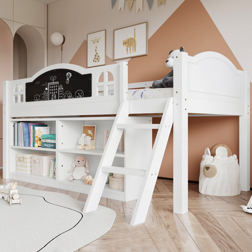 Houten Kinderbed met Krijtbord, Opbergkast en Twee - traps Trap, Eenpersoons 90x190 cm, Wit - Noventis Home