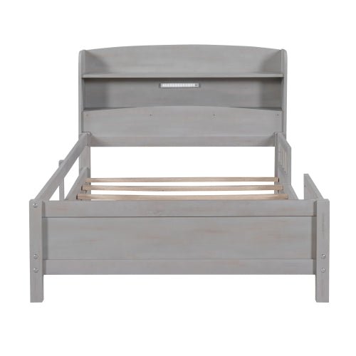 Wood Twin Size Platform Bed With Built - in LED Light, Storage Headboard And Guardrail, Antique Grey - Noventis Home
