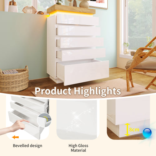 Ladekast, Hoogglans Dressoir met 6 Lades, RGB LED App-gestuurd, Multifunctioneel voor Woonkamer en Slaapkamer, 115x73x39 cm, Wit
