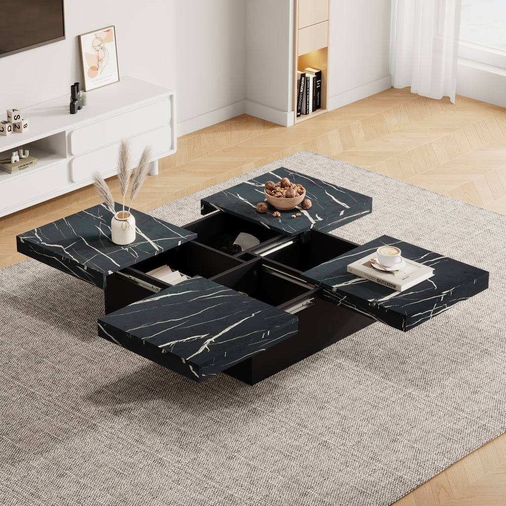 Moderne Vierkante Salontafel met Marmerlook, 4 Schuiflades, 90x90x25 cm, Zwart