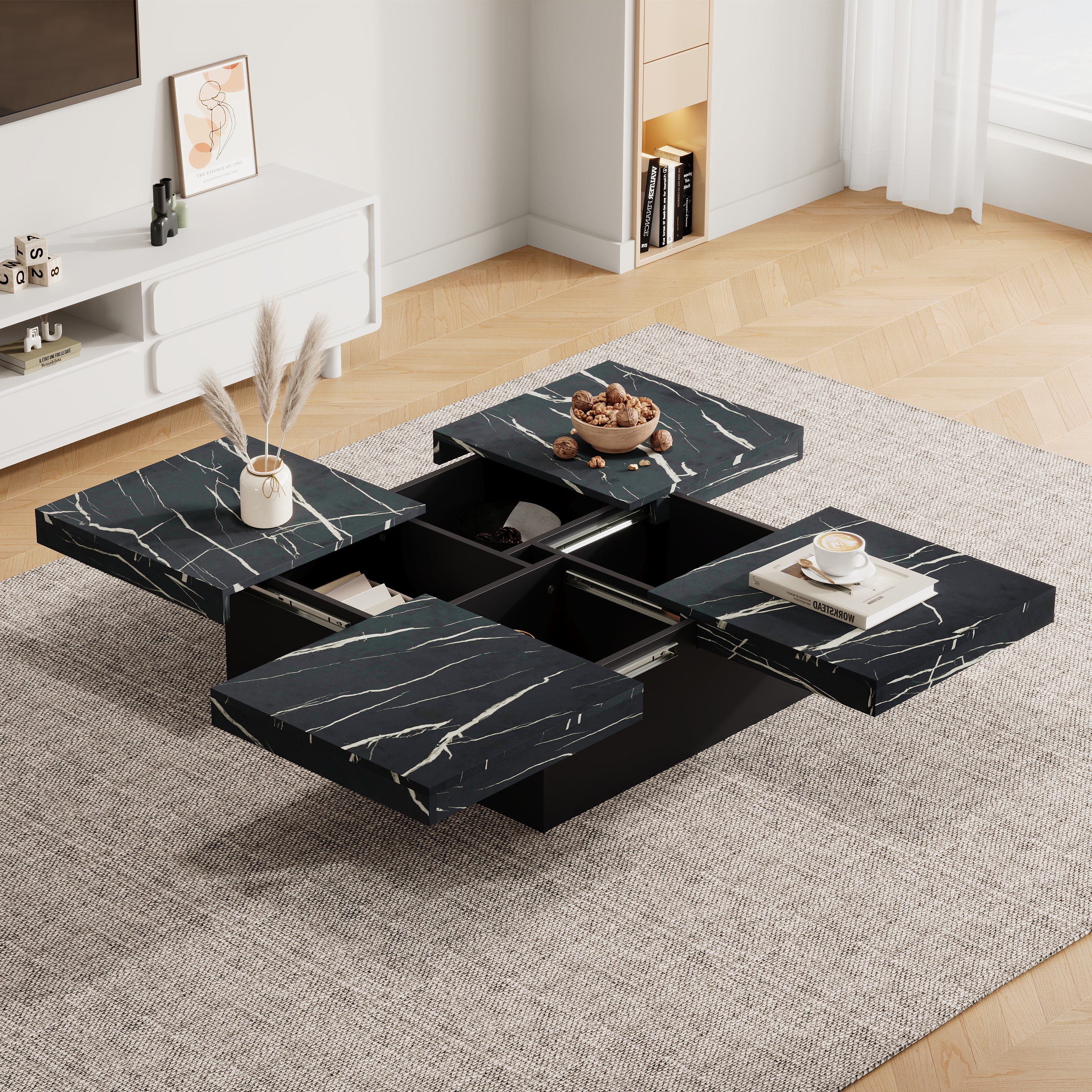 Moderne Vierkante Salontafel met Marmerlook, 4 Schuiflades, 90x90x25 cm, Zwart