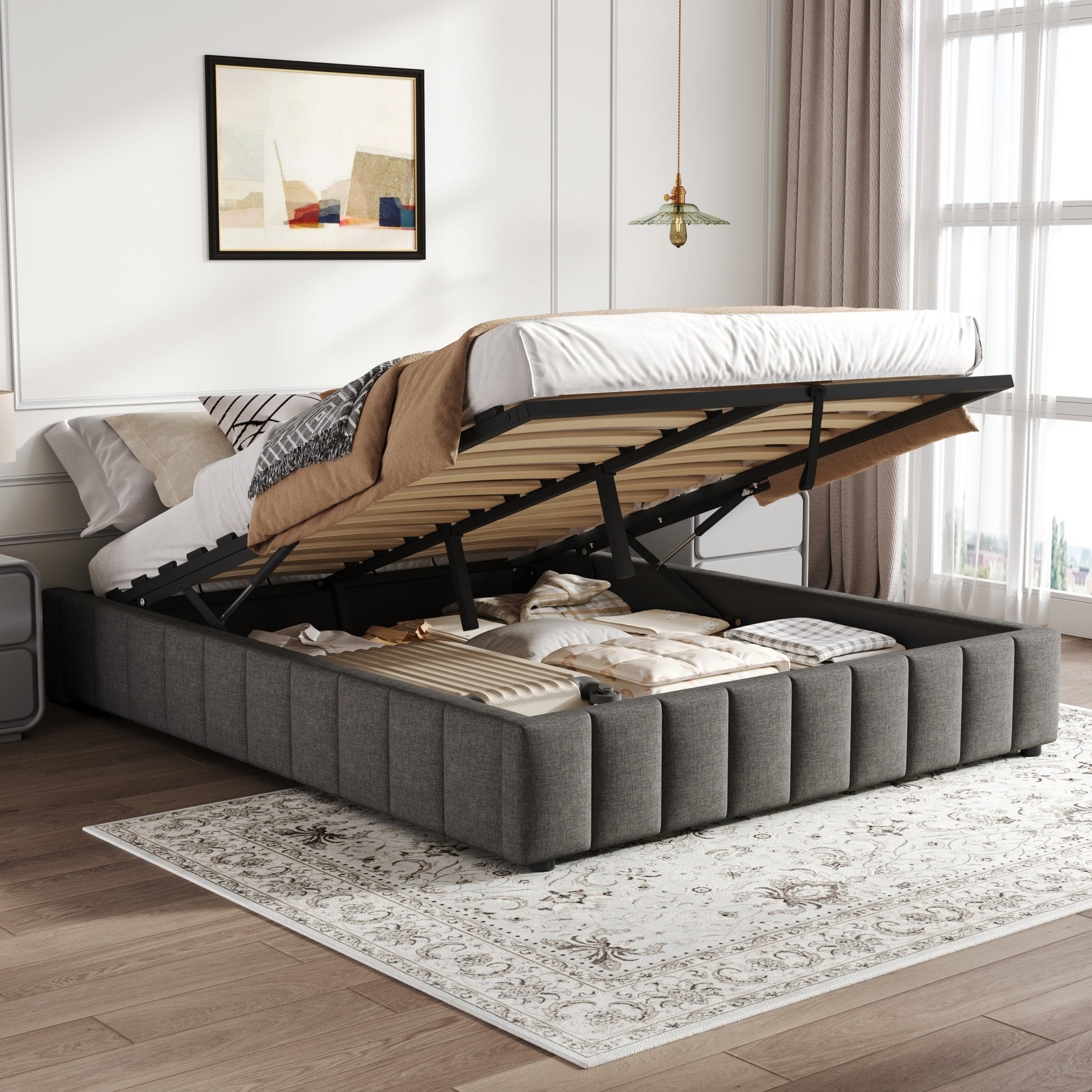 4ft6 Double Upholstered Storage Bed Frame, No Headboard Linen Bed Frame With Hydraulic Storage, Channel Tufted Ottoman Bed, Metal - Wood Support, No Box Spring Needed, Easy Assembly,Grey No Mattress - Noventis Home