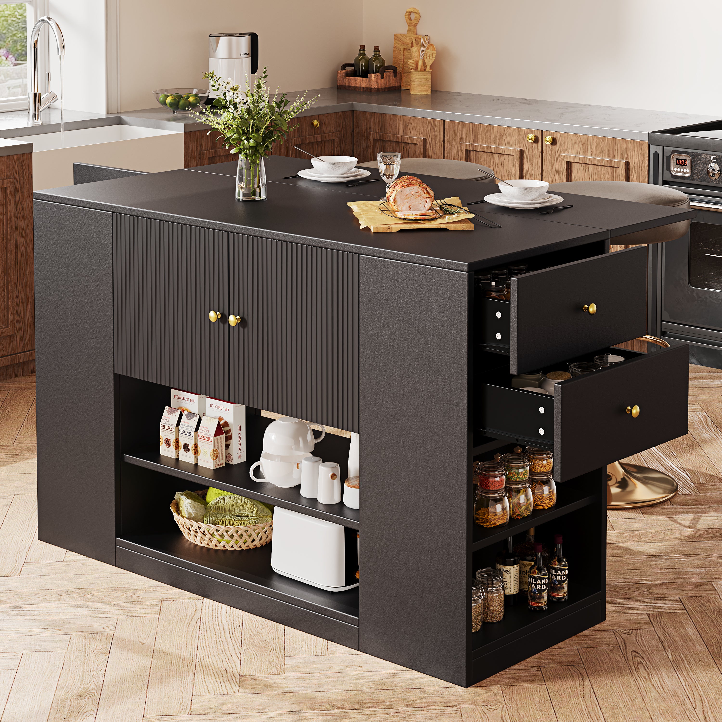 Modern Keukeneiland, Dressoir, Keukenkast met Lades en Planken voor Keuken en Eetkamer, Zwart, 140x40x90 cm