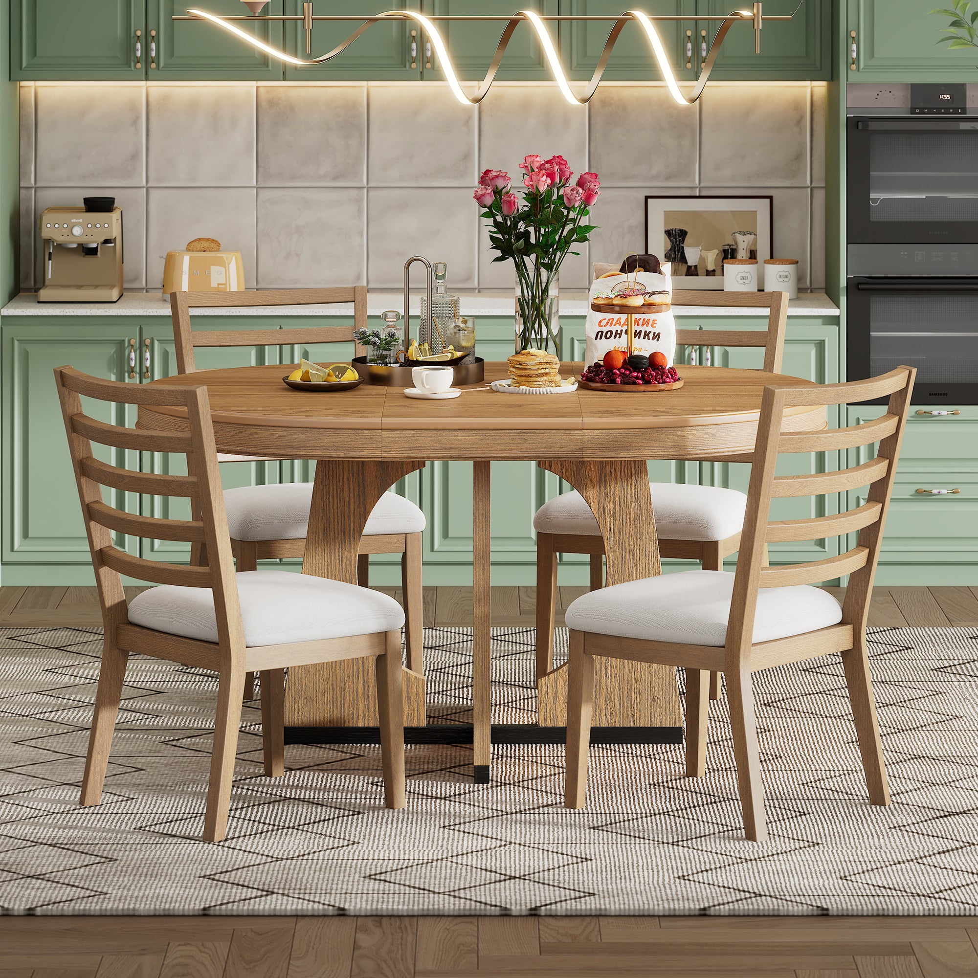 TREXM Round Dining Table For 4 With Chairs Set Extendable Dining Table Set With 16 Removable Middle Leaf 5 Piece Retro Dining Table Set Unique Geometric Design For Kitchen Dining Room Natural - Noventis Home
