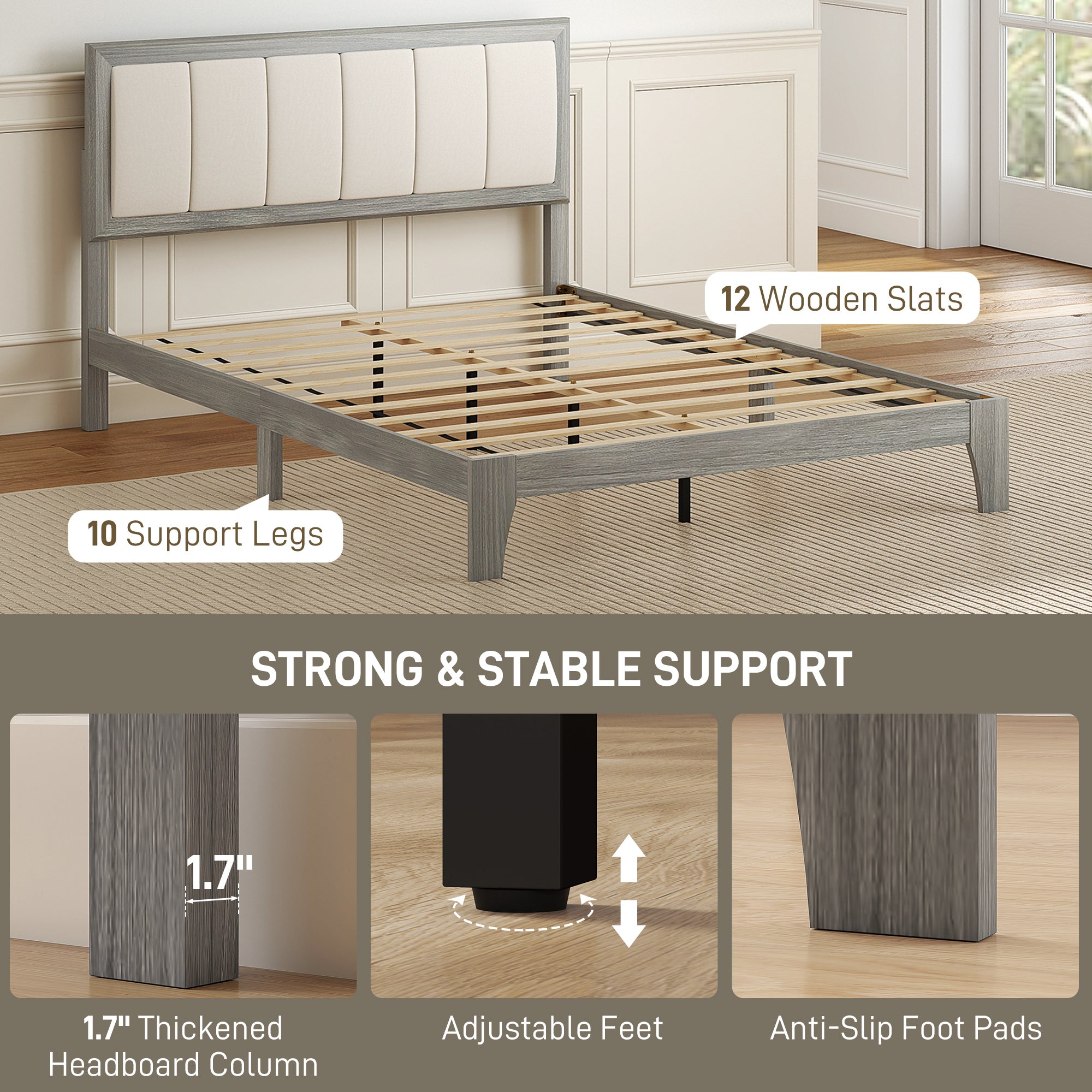 Tweepersoons Platform Bedframe met Gestoffeerd Hoofdeinde en Houten Latten, Geen Boxspring Nodig, Grijs - Noventis Home