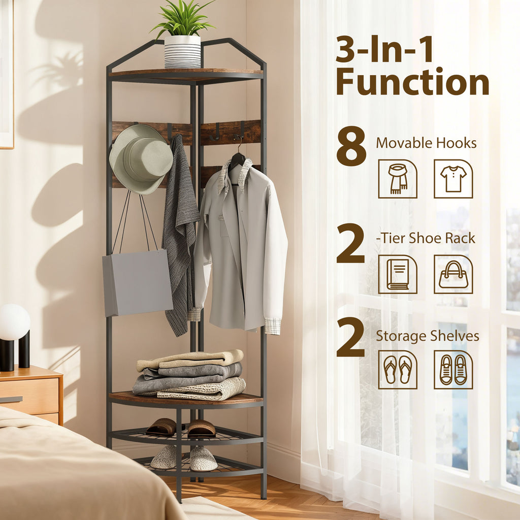 Corner Hall Tree, Industrial 4 - Tier Coat Rack with Shoe Storage, 8 Movable Hooks and 2 Shelves for Hallway, Rustic Brown - Noventis Home