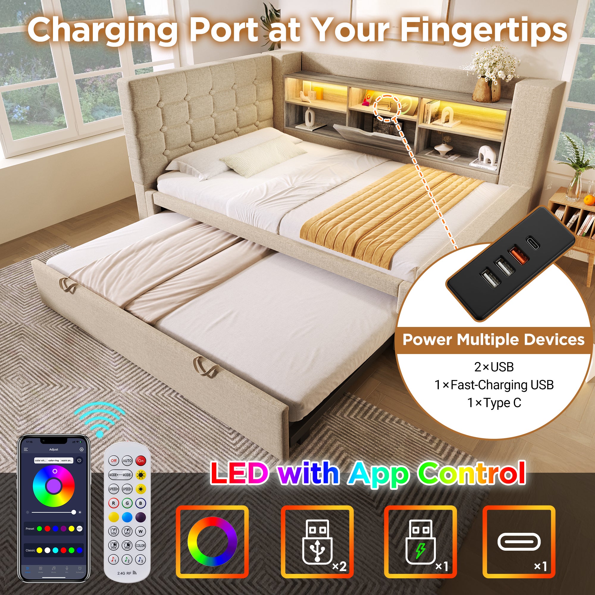 Daybed Upholstered Bed 90 X 190 Cm, 3FT Single Sofa Bed With Storage, USB &Type C Charging Station, Pull Out Trundle For Living Room And Bedroom, Linen, Beige No Mattress - Noventis Home