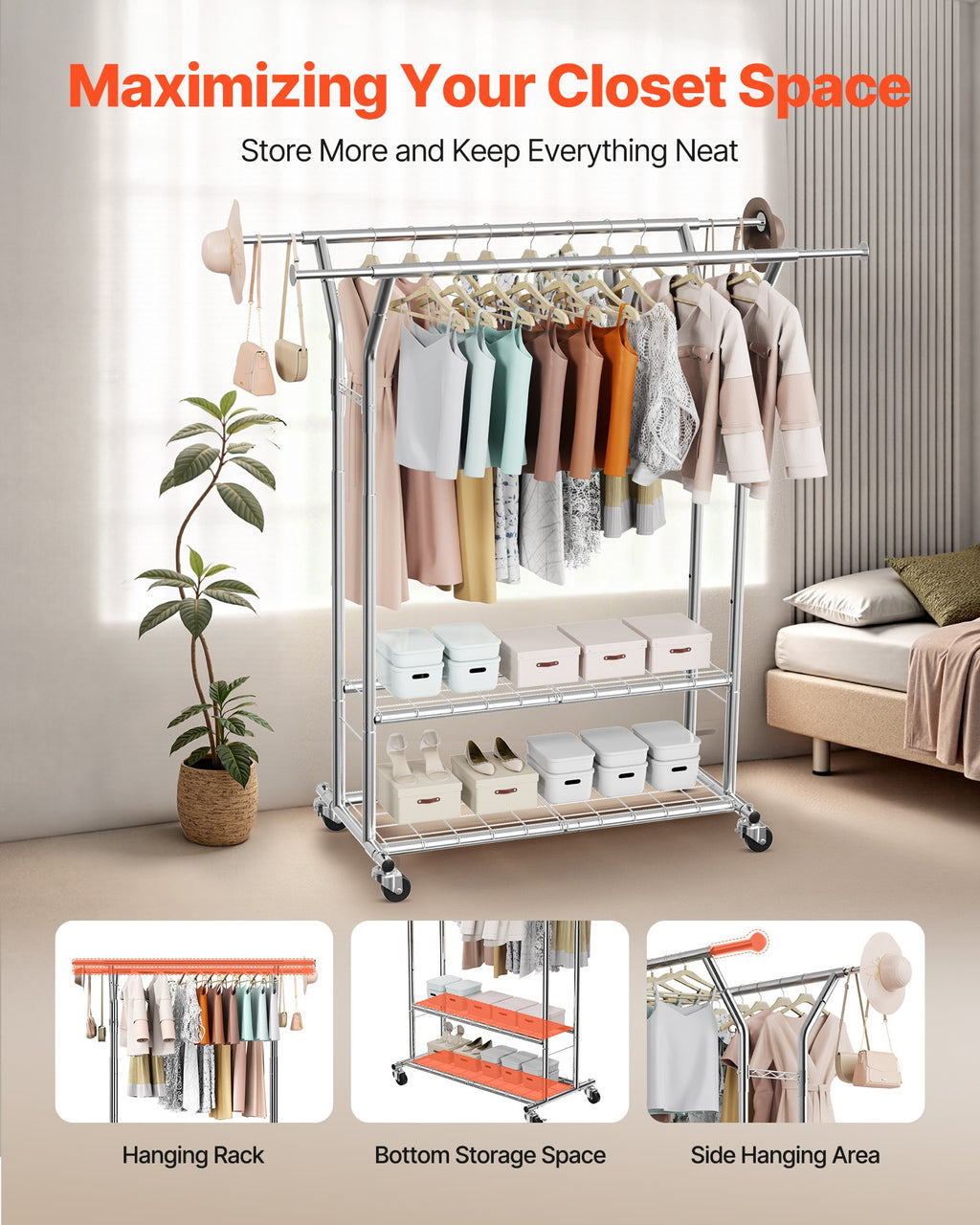 Clothes Rack, Rolling Clothing Garment Rack With 2 Hanging Rods And 2 Storage Shelves, 264 Lbs Load Capacity, Adjustable Height Carbon Steel Clothing Racks For Bedroom, Laundry, Living Room - Noventis Home