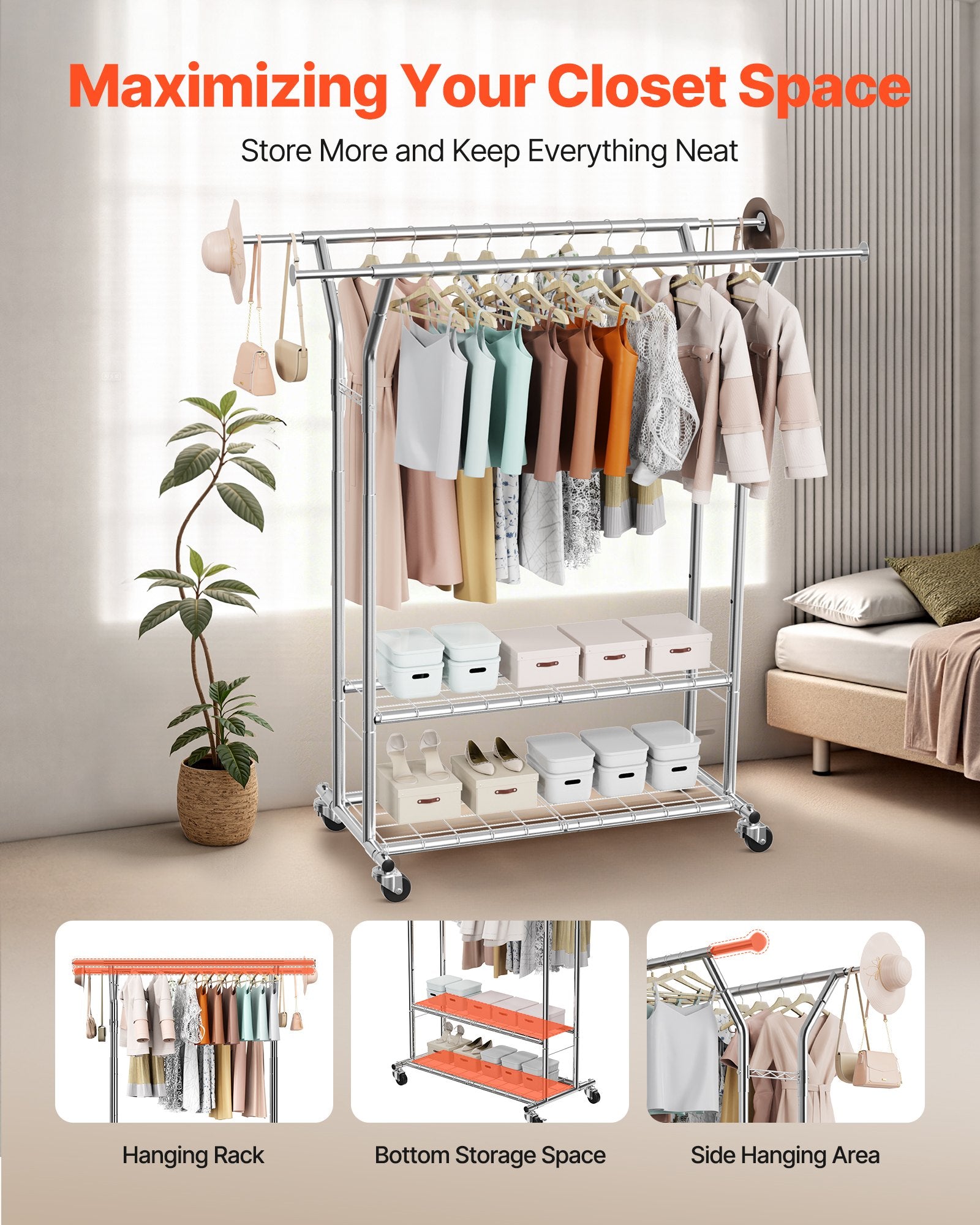 Clothes Rack, Rolling Clothing Garment Rack With 2 Hanging Rods And 2 Storage Shelves, 264 Lbs Load Capacity, Adjustable Height Carbon Steel Clothing Racks For Bedroom, Laundry, Living Room - Noventis Home