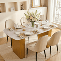 Moderne Rechthoekige Glazen Eettafel met Marmerlook en Gouden Dubbele Metalen Poot, voor Eetkamer & Thuiskantoor - Noventis Home