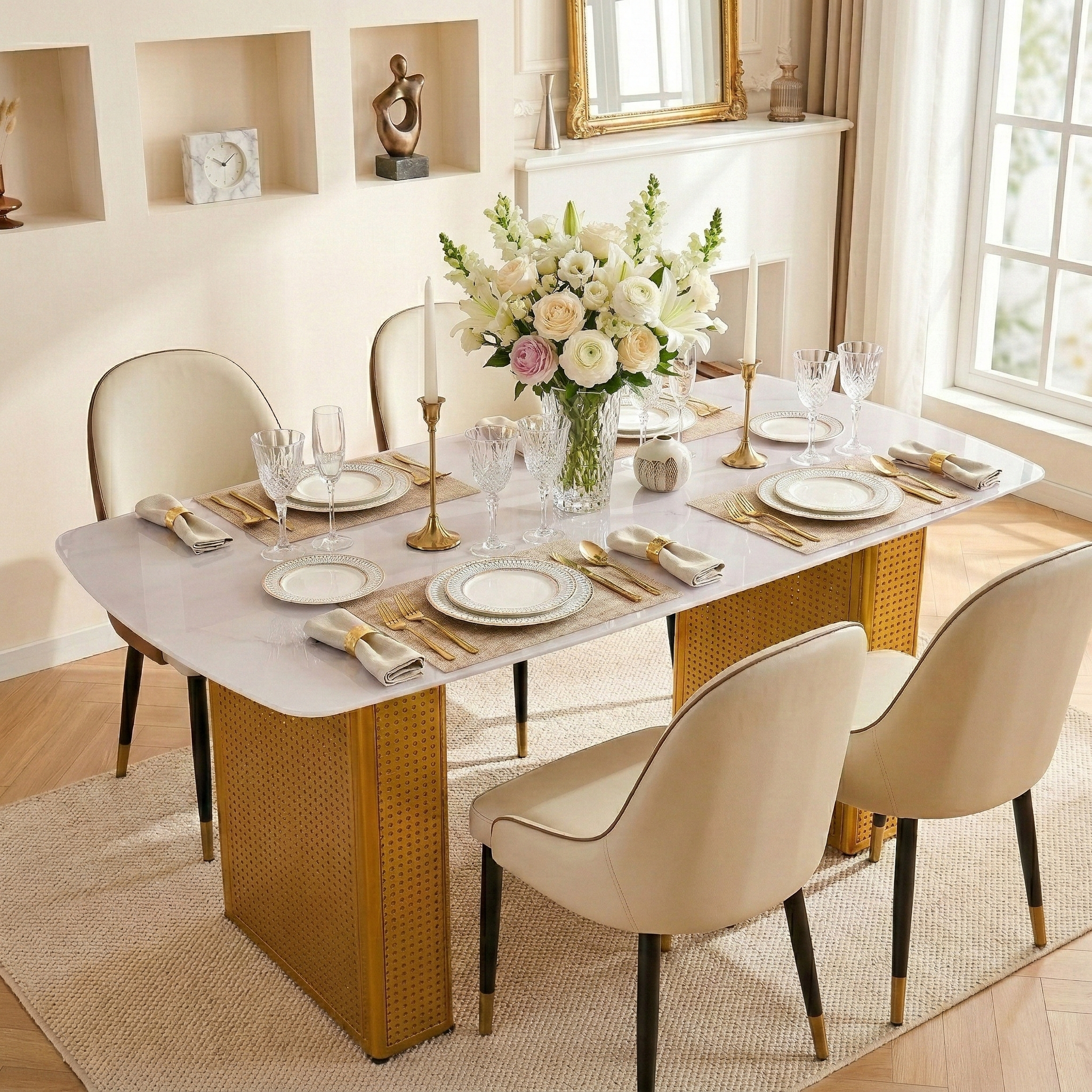 Moderne Rechthoekige Glazen Eettafel met Marmerlook en Gouden Dubbele Metalen Poot, voor Eetkamer & Thuiskantoor