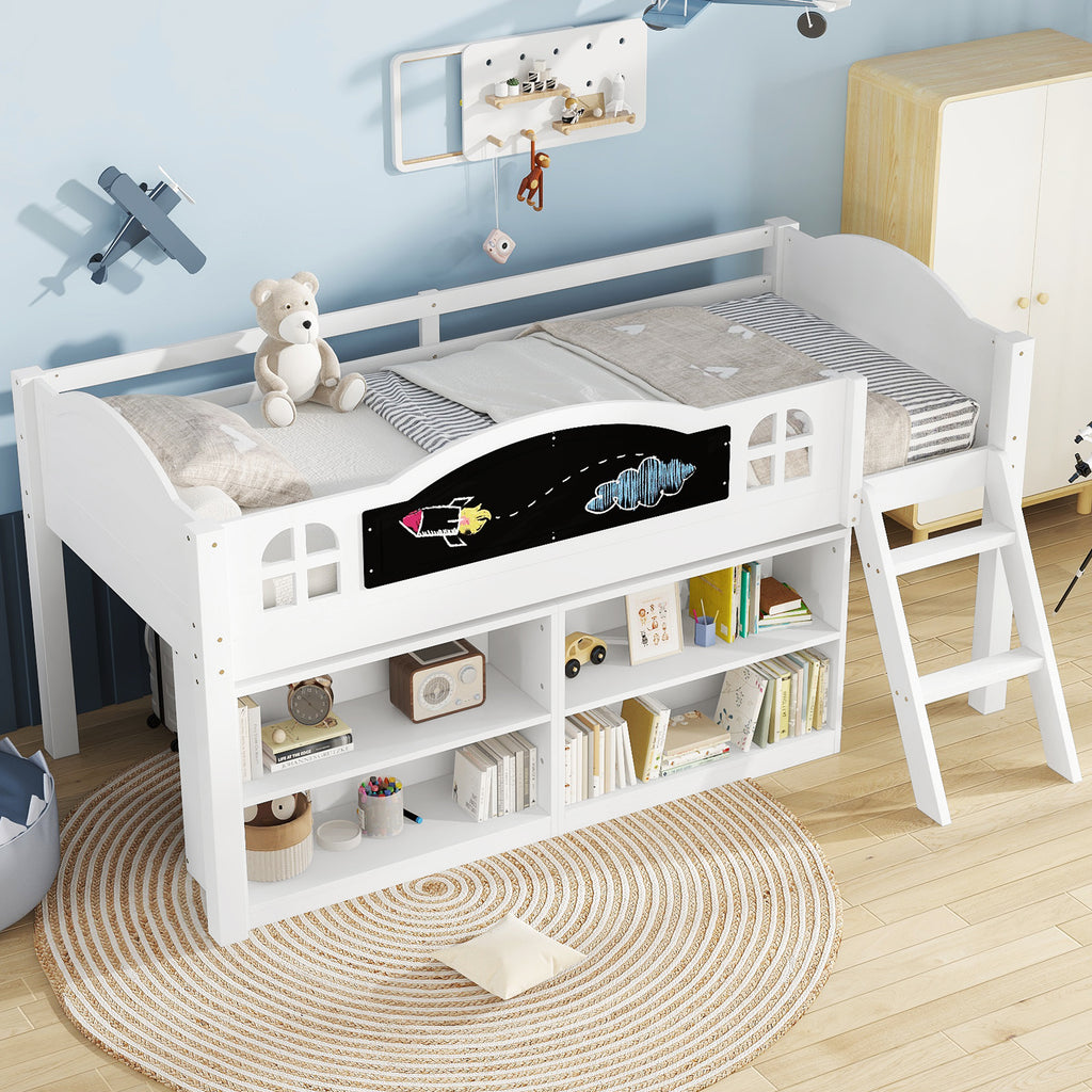 Houten Kinderbed met Krijtbord, Opbergkast en Twee - traps Trap, Eenpersoons 90x190 cm, Wit - Noventis Home
