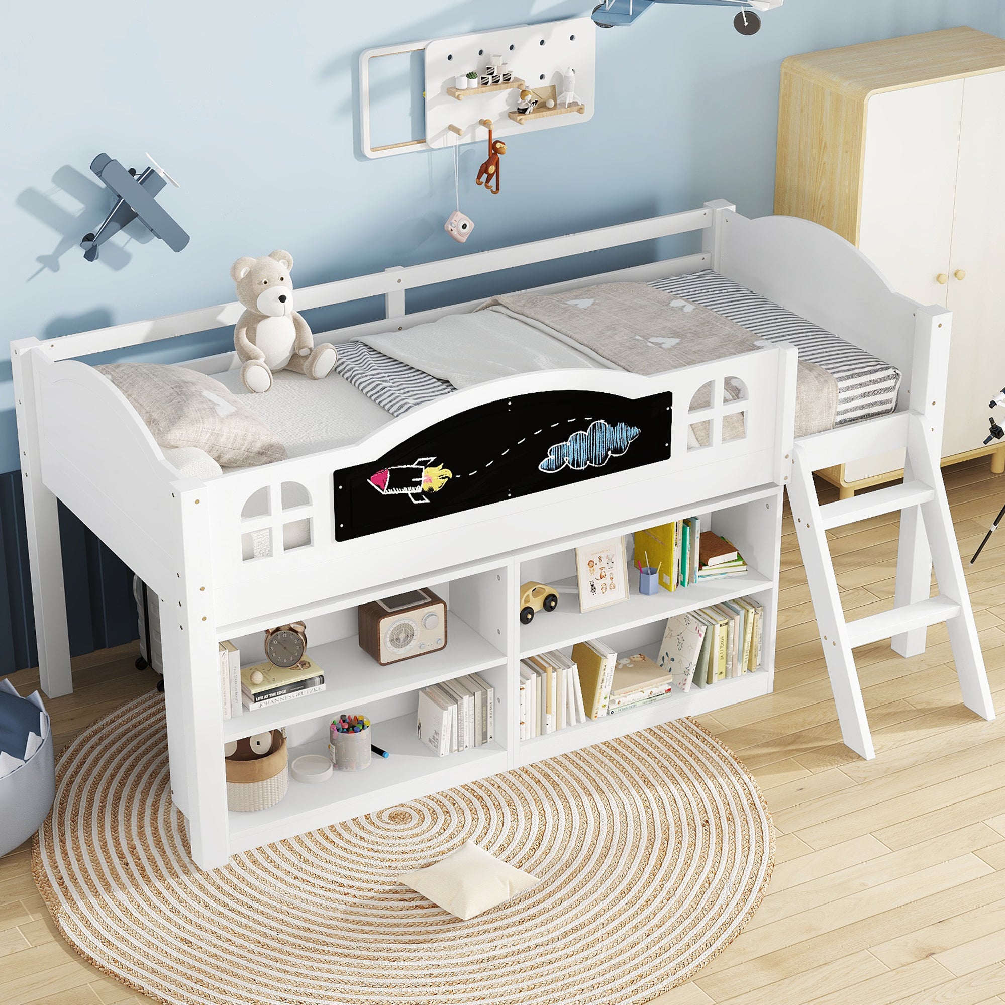 Houten Kinderbed met Krijtbord, Opbergkast en Twee - traps Trap, Eenpersoons 90x190 cm, Wit - Noventis Home