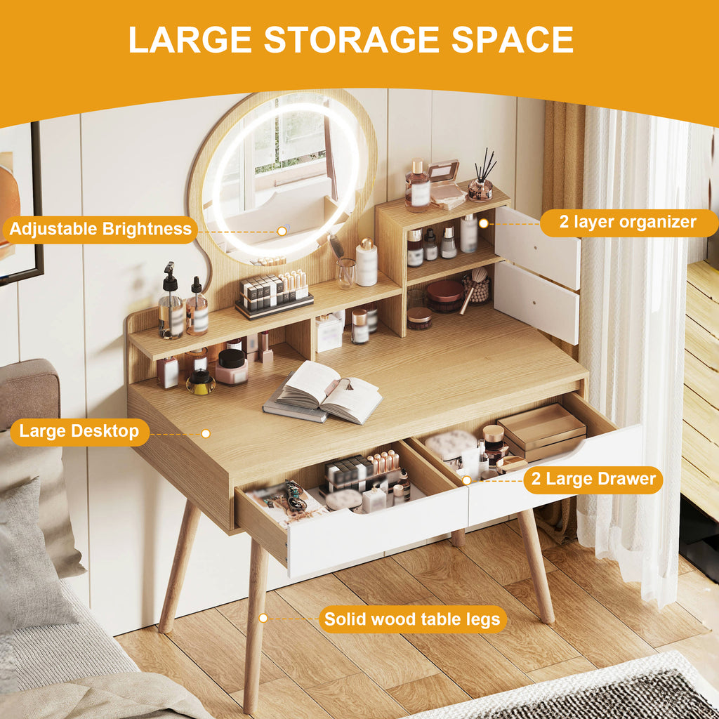 Make - up Kaptafel met 3 - delige Verstelbare Verlichte Spiegel, 4 Lades en 3 Open Planken, Massief Houten Poten, voor Kleine Slaapkamer - Noventis Home
