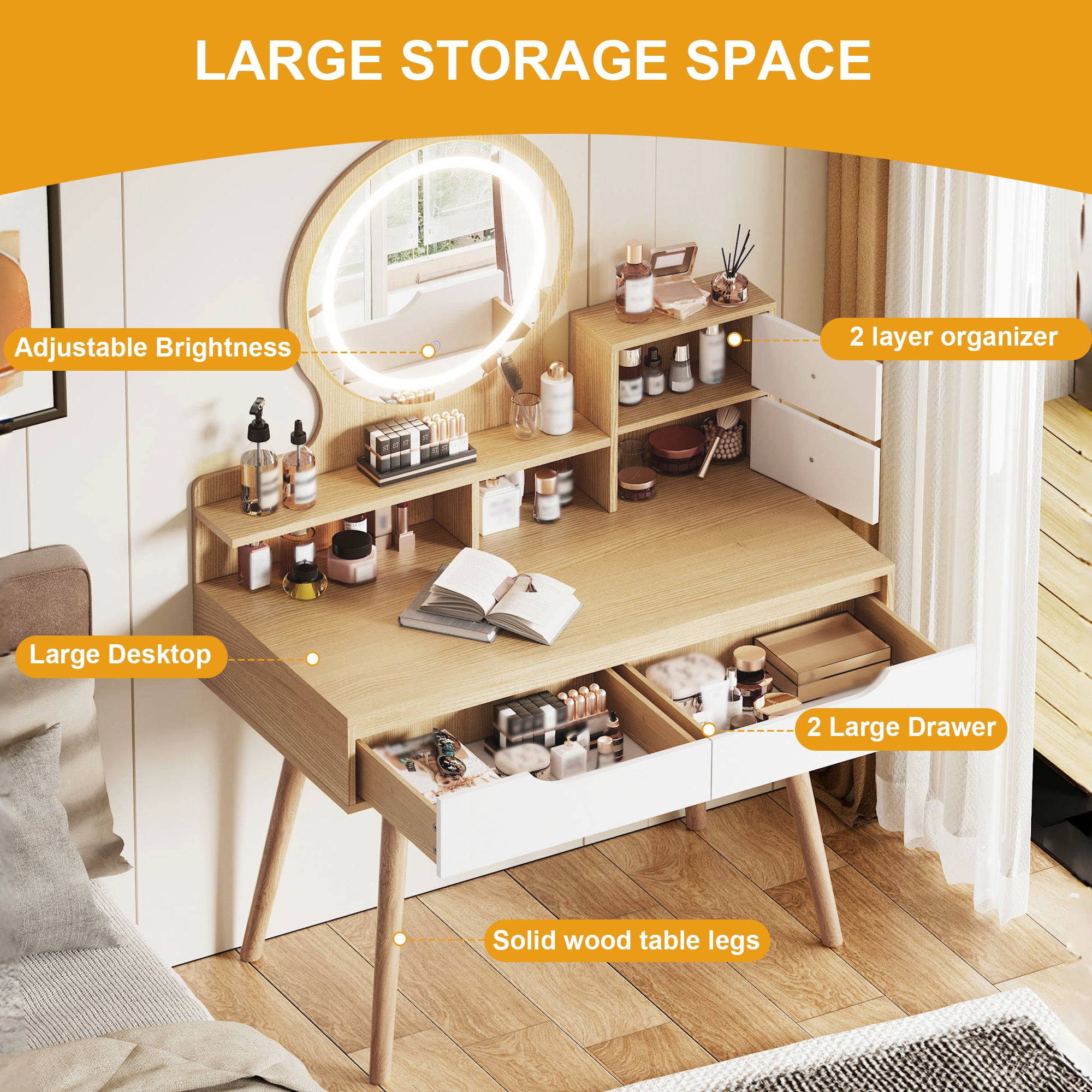 Make - up Kaptafel met 3 - delige Verstelbare Verlichte Spiegel, 4 Lades en 3 Open Planken, Massief Houten Poten, voor Kleine Slaapkamer - Noventis Home