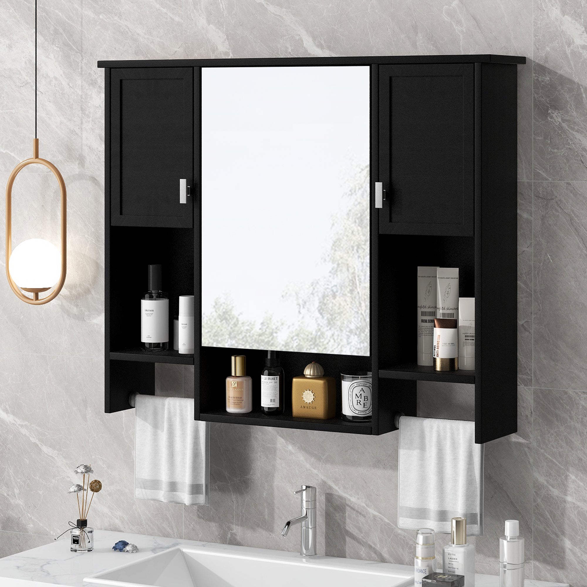 35'' X 28'' Modern Wall Mounted Bathroom Storage Cabinet, Bathroom Wall Cabinet With Mirror, Medicine Cabinet With Towels Bar - Noventis Home
