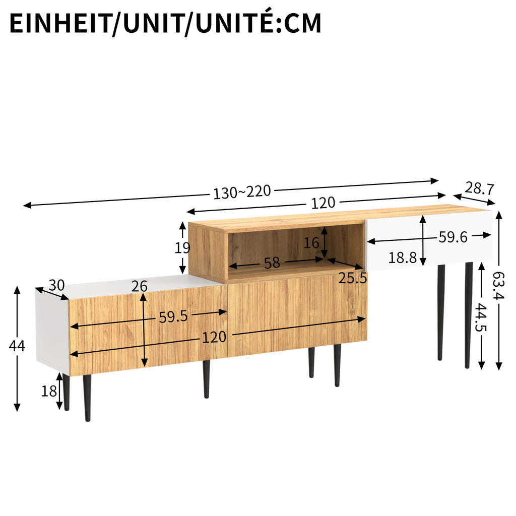 Modern TV - meubel met Verstelbare Lengte, Modulair 2 - delig Design, Houtlook Matwit, Zwarte Metalen Poten - Noventis Home
