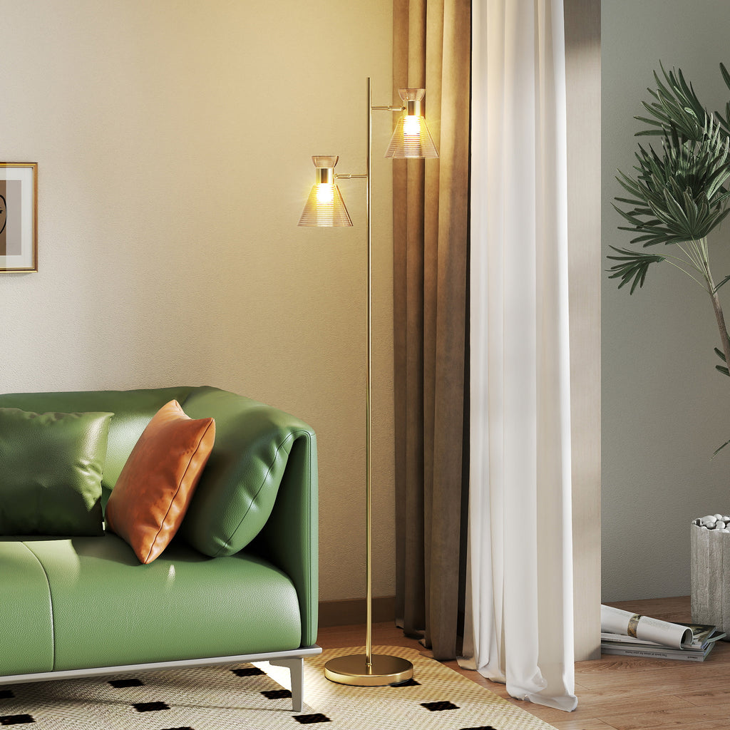 Floor Lamp With Adjustable Dual Head, Modern Standing Lamp With Floral Glass Shades And Foot Switch For Living Room Bedroom, E27 Socket, Bulb Not Included, Gold Tone - Noventis Home