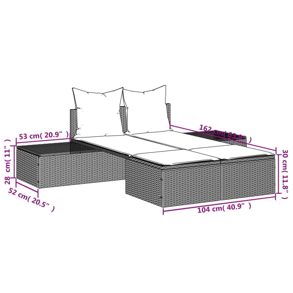 Dubbele Ligstoel met Kussens, Poly Rattan, voor Tuin en Terras - Noventis Home