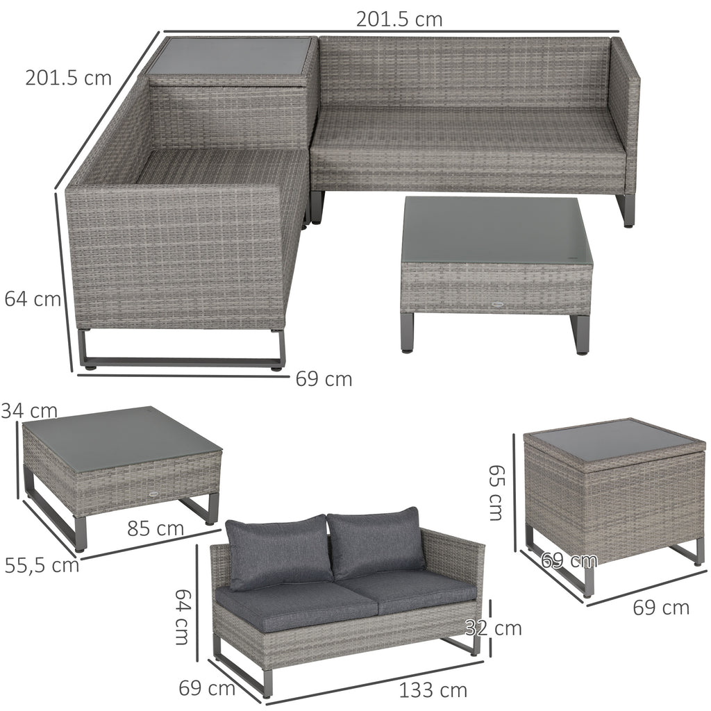 4 Pieces Rattan Garden Furniture Set, 4 Seater Garden Sofa Set With Storage Box, Loveseats And Glass Top Table, Wicker Outdoor Conservatory Furniture With Cushions For Outdoor, Patio, Grey - Noventis Home
