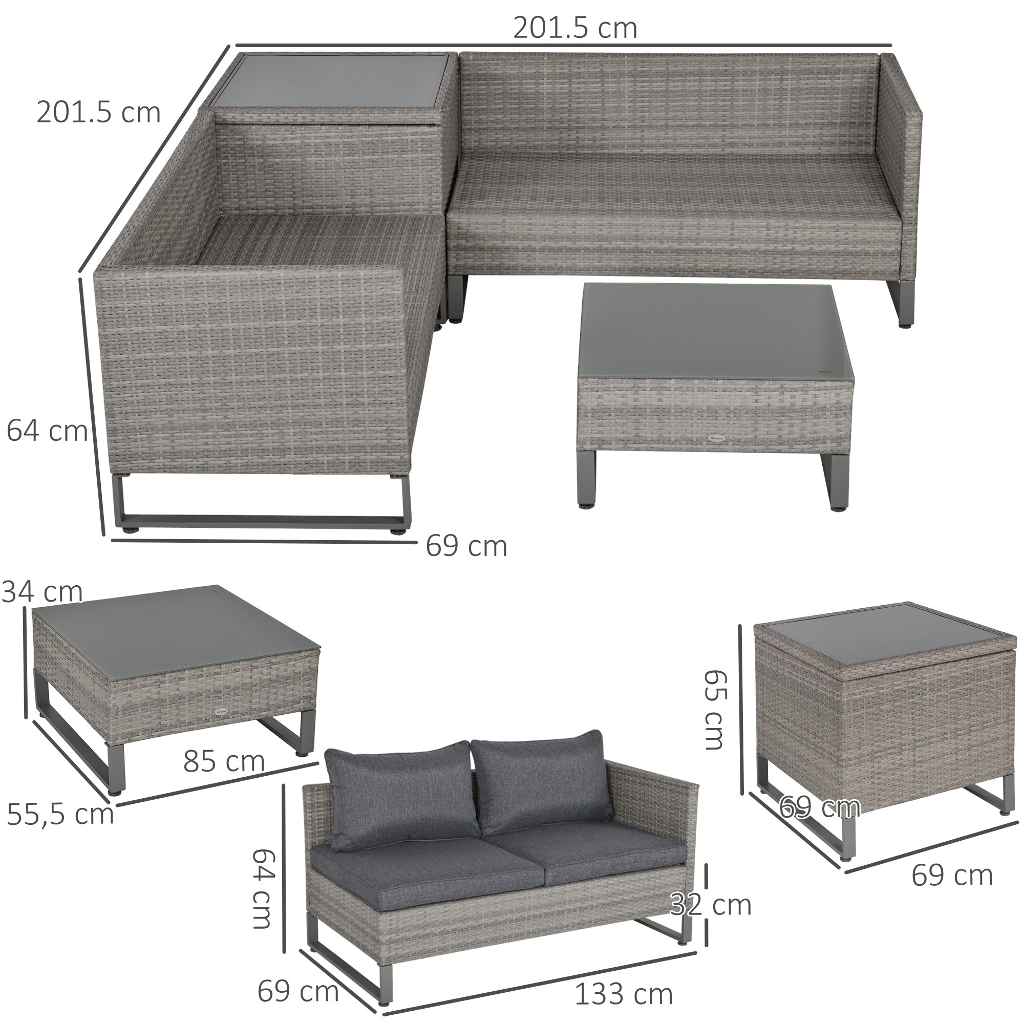 4 Pieces Rattan Garden Furniture Set, 4 Seater Garden Sofa Set With Storage Box, Loveseats And Glass Top Table, Wicker Outdoor Conservatory Furniture With Cushions For Outdoor, Patio, Grey - Noventis Home