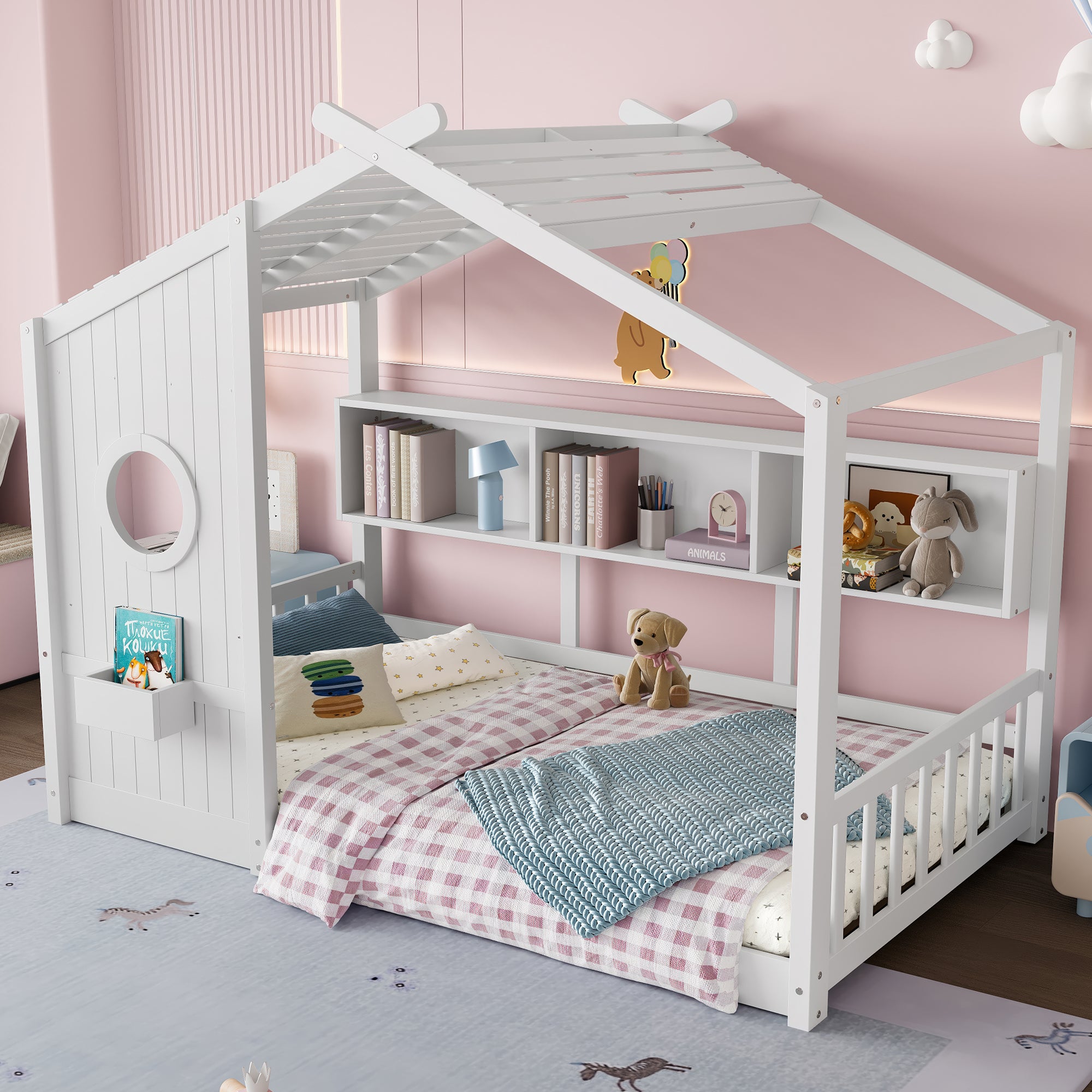 Twin Size Floor House Bed For Toddler, Kids Montessori Bed With Storage Shelf, Playhouse Bed With Roof Design, White - Noventis Home