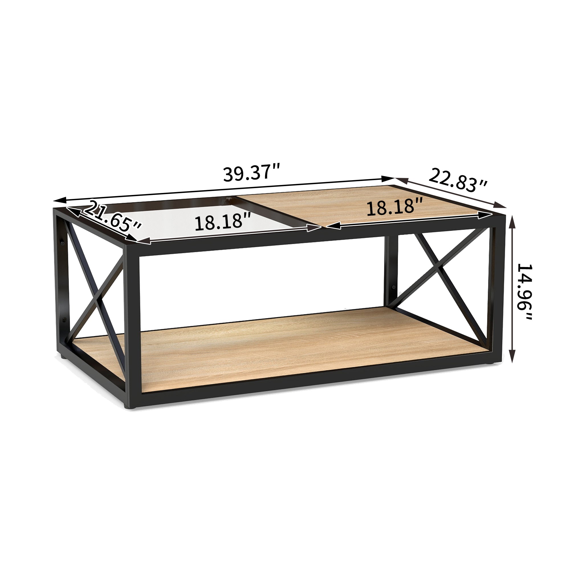 Moderne Salontafel voor Slaapkamer en Woonkamer, Gehard Glas en Naturel Hout MDF Blad, Industrieel Design