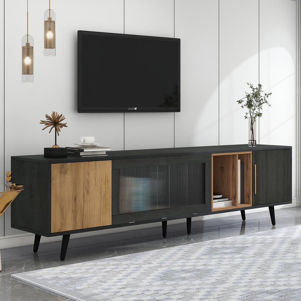 TV Stand, TV Cabient With Pull - down Glass Doors, TV Cabinet Storage Sideboard, TV Entertainment Center, For Livingroom Bedroom, TV Console, TV Unit, Dark Wood, For 90 Inch TV - Noventis Home