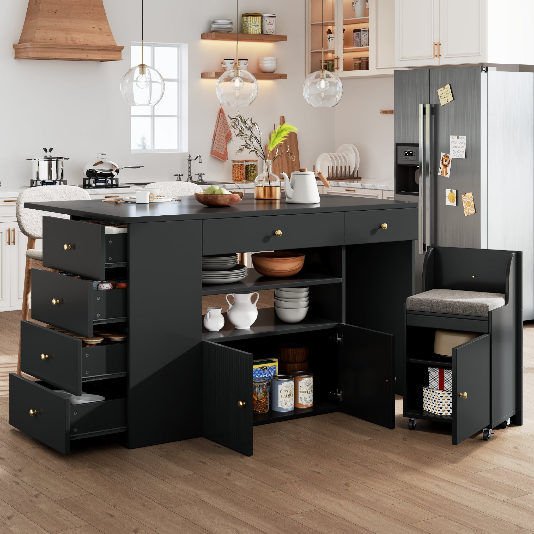 Adjustable Kitchen Island With Bar Stools - Sideboard & Cabinet With 6 Drawers, Width 140 - 70cm, White Black - Noventis Home
