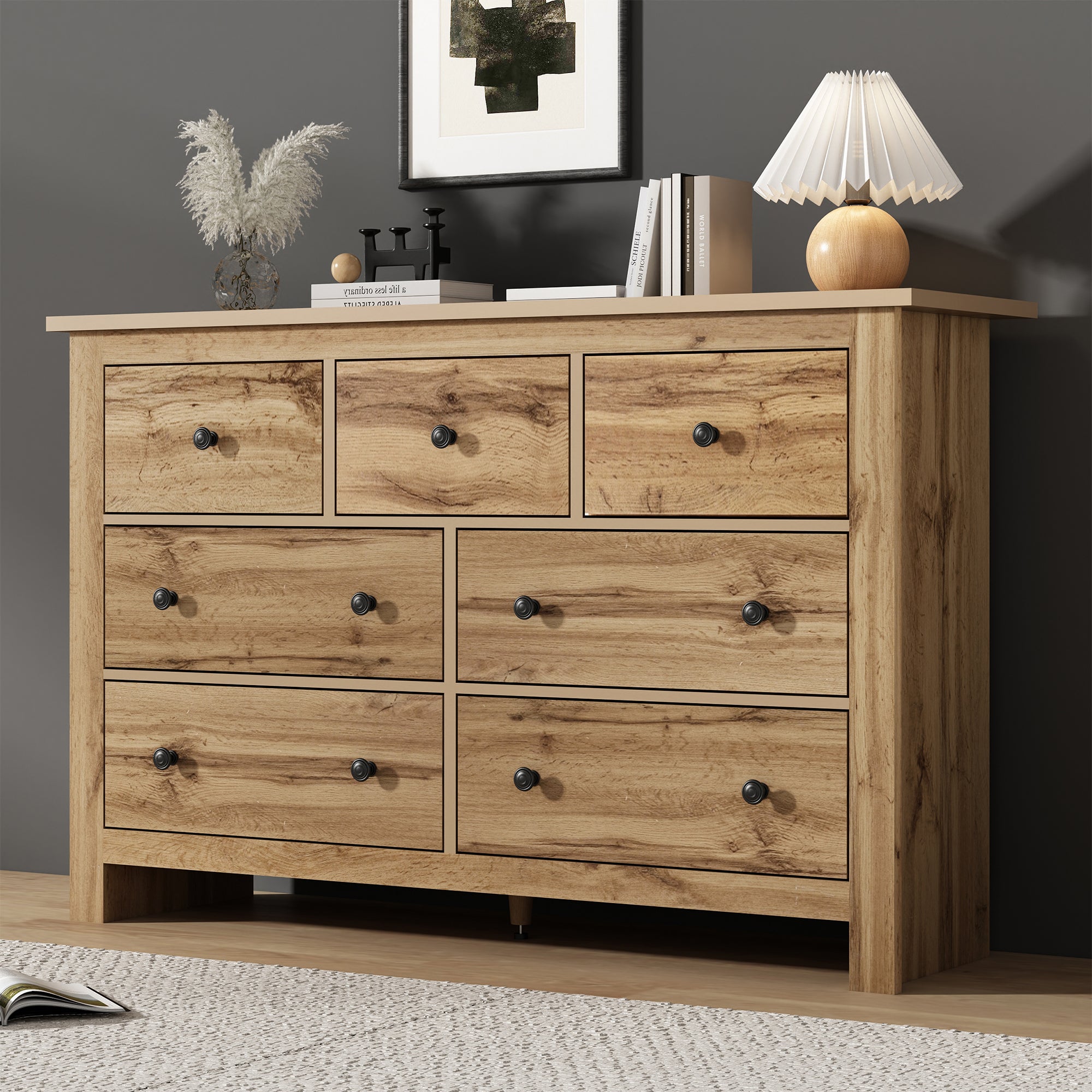Moderne Vintage Opbergkast, Dressoir met 7 Lades, Sofa Bijzetkast, voor Woonkamer, Slaapkamer, Keuken en Gang, 152x40x88,5cm, Houtkleur - Noventis Home