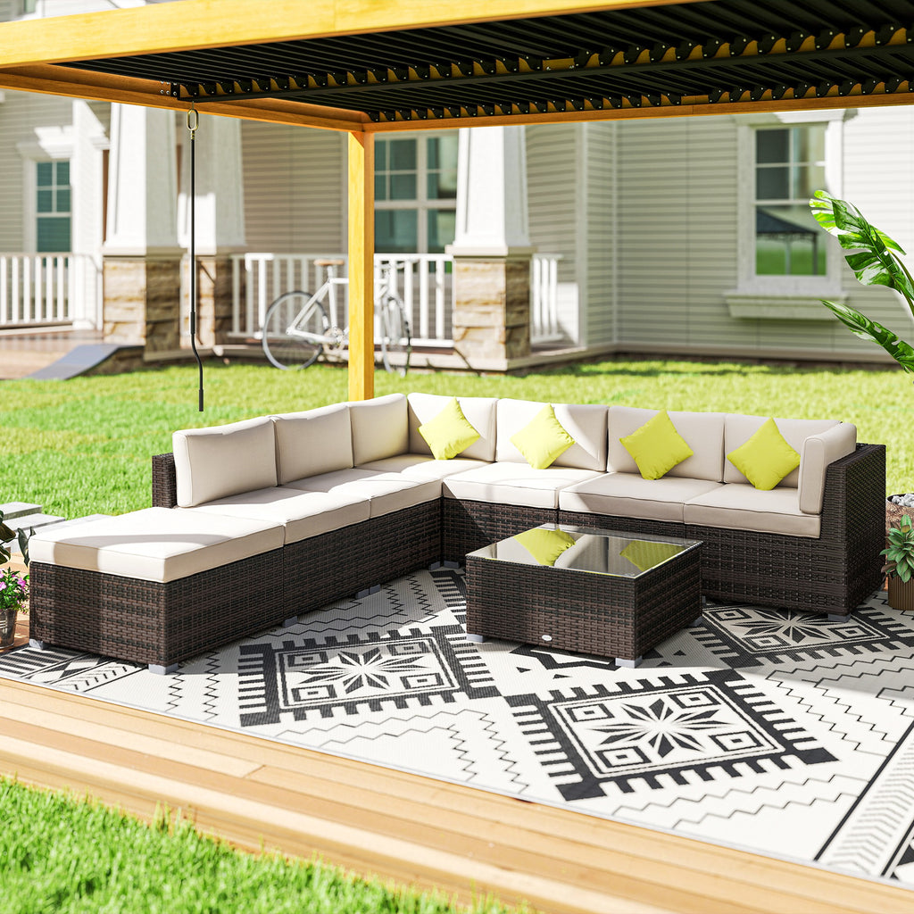 8 Piece Rattan Corner Sofa Set With Wide & Deep Seat, Assembled Aluminium PE Rattan Garden Furniture Set With Thick Cushions And Glass Top Table For Outdoor, Conservatory, Mixed Brown - Noventis Home