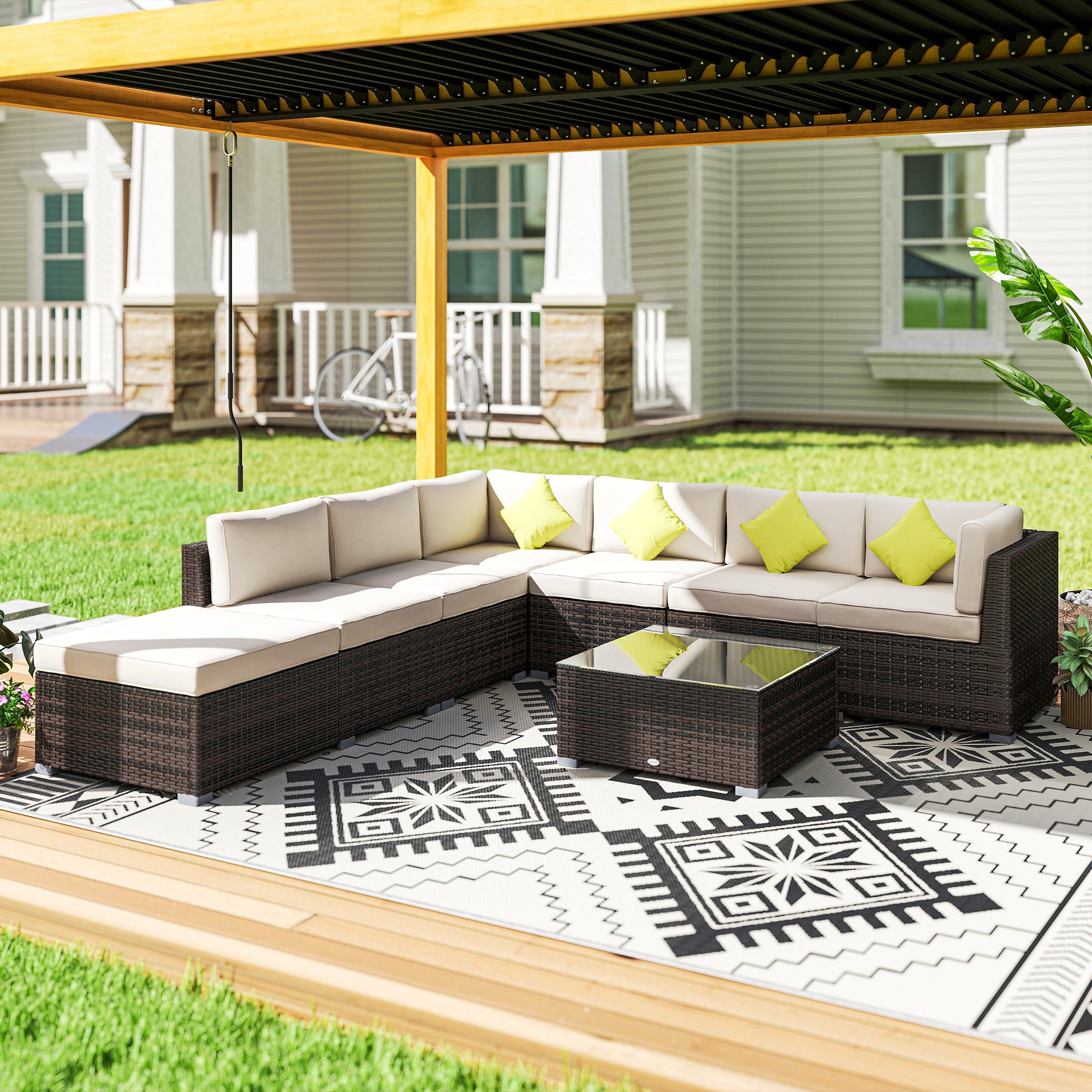 8 Piece Rattan Corner Sofa Set With Wide & Deep Seat, Assembled Aluminium PE Rattan Garden Furniture Set With Thick Cushions And Glass Top Table For Outdoor, Conservatory, Mixed Brown - Noventis Home