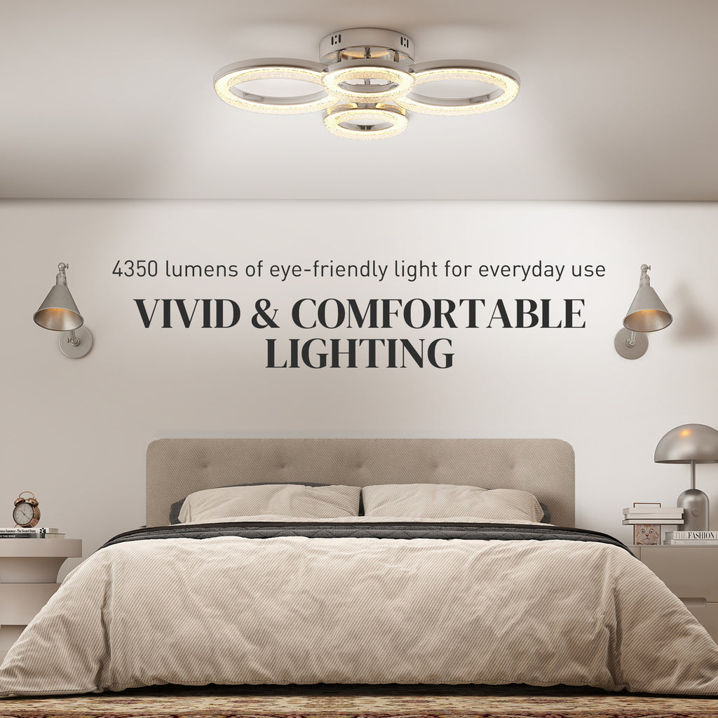 LED Ceiling Light, Modern 4 Rings Ceiling Lamp With Wall Switch Control, 40W 4350lm Flush Mount Ceiling Light With 3500K/4500K/6000K Colour Temperatures For Living Room, Bedroom, Silver Tone - Noventis Home