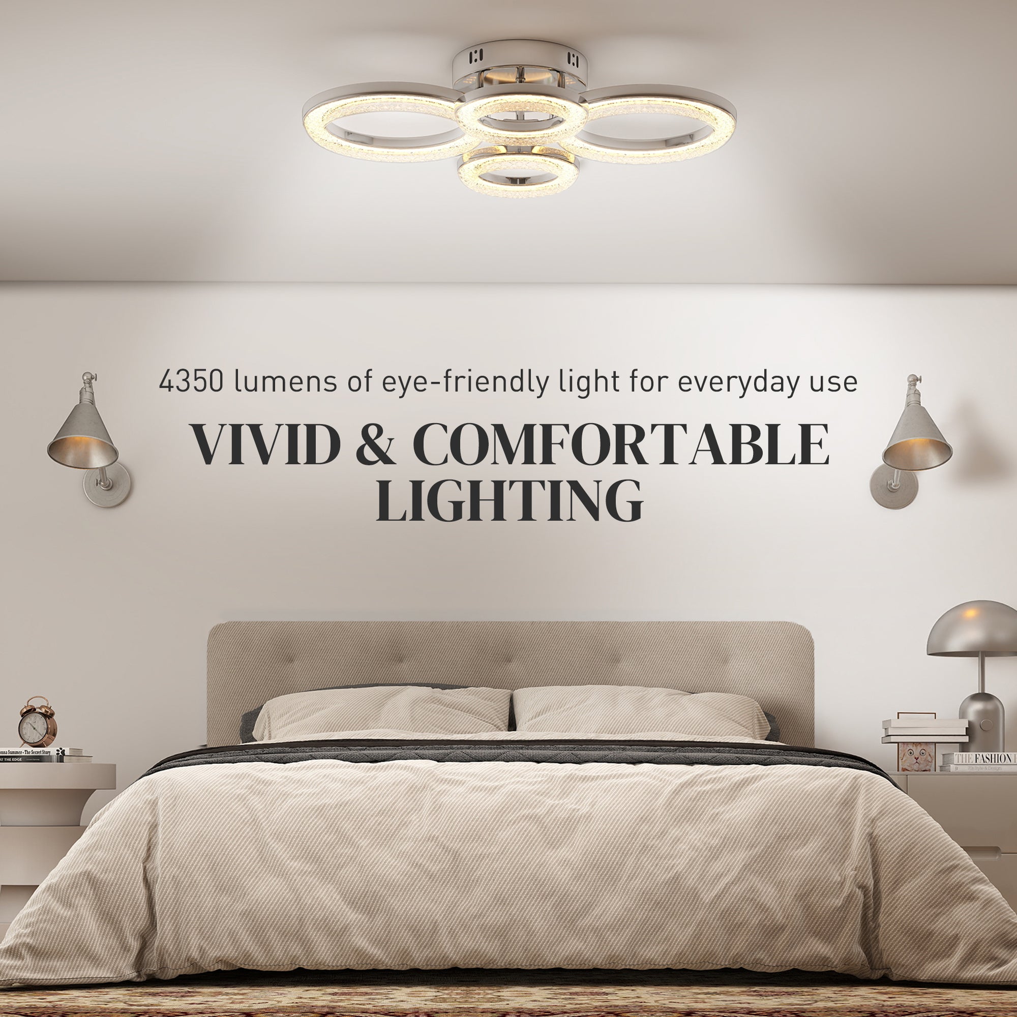 LED Ceiling Light, Modern 4 Rings Ceiling Lamp With Wall Switch Control, 40W 4350lm Flush Mount Ceiling Light With 3500K/4500K/6000K Colour Temperatures For Living Room, Bedroom, Silver Tone - Noventis Home