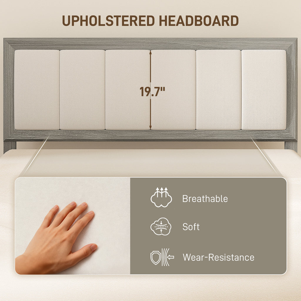 Tweepersoons Platform Bedframe met Gestoffeerd Hoofdeinde en Houten Latten, Geen Boxspring Nodig, Grijs - Noventis Home