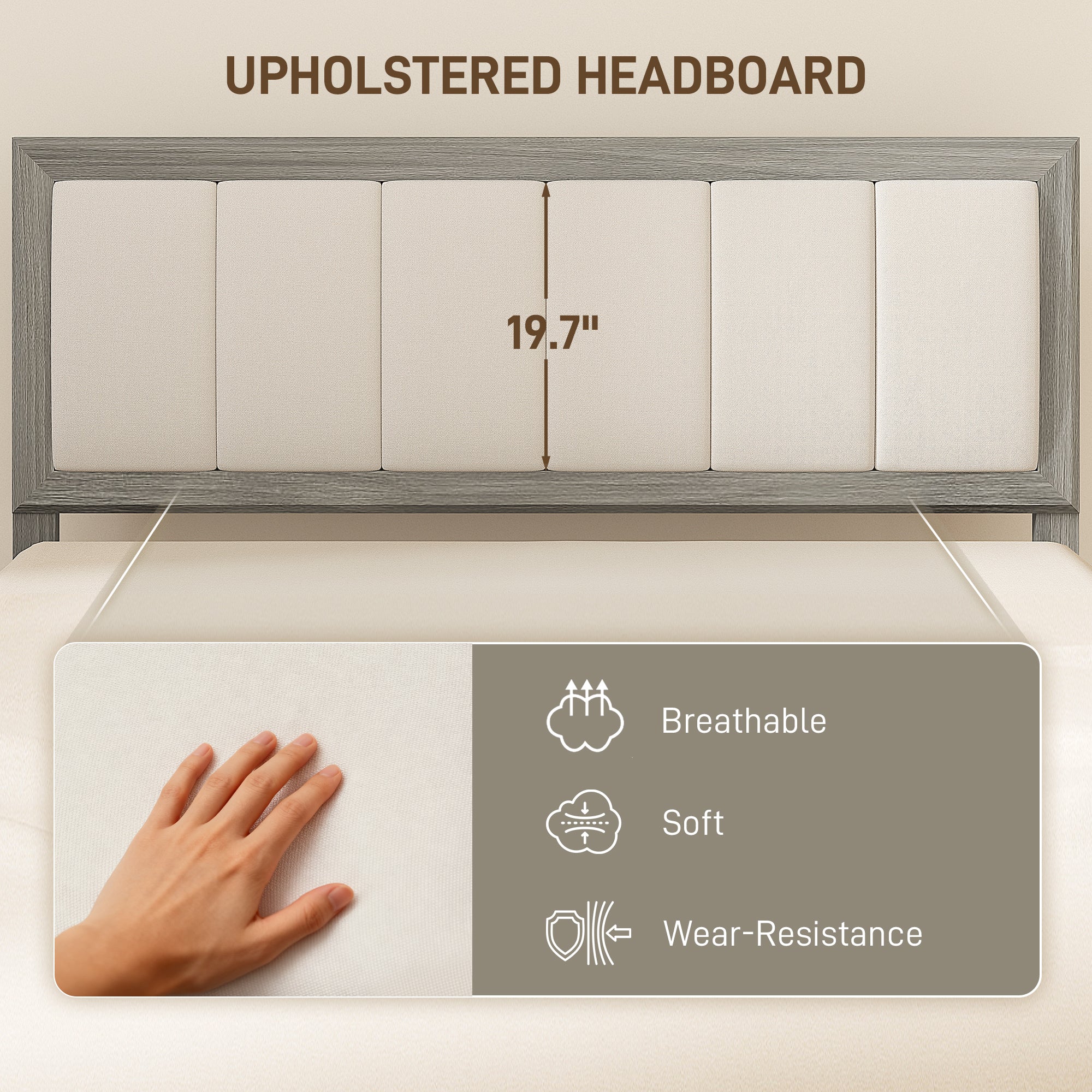 Tweepersoons Platform Bedframe met Gestoffeerd Hoofdeinde en Houten Latten, Geen Boxspring Nodig, Grijs - Noventis Home