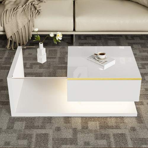 Salontafel 90 cm, Hoogglans Wit, met Glas en LED-verlichting