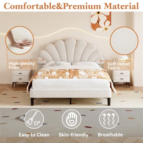 4ft6 Double Upholstered Velvet Bed Frame, With Adjustable Chic Petal Headboard, Velvet Platform Bed Frame With Solid Wood Slat, No Box Spring Needed, Easy Assembly, Beige - Noventis Home