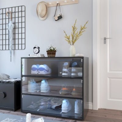 Zwarte Schoenenopbergkast met Glazen Deuren en RGB LED - verlichting - Noventis Home