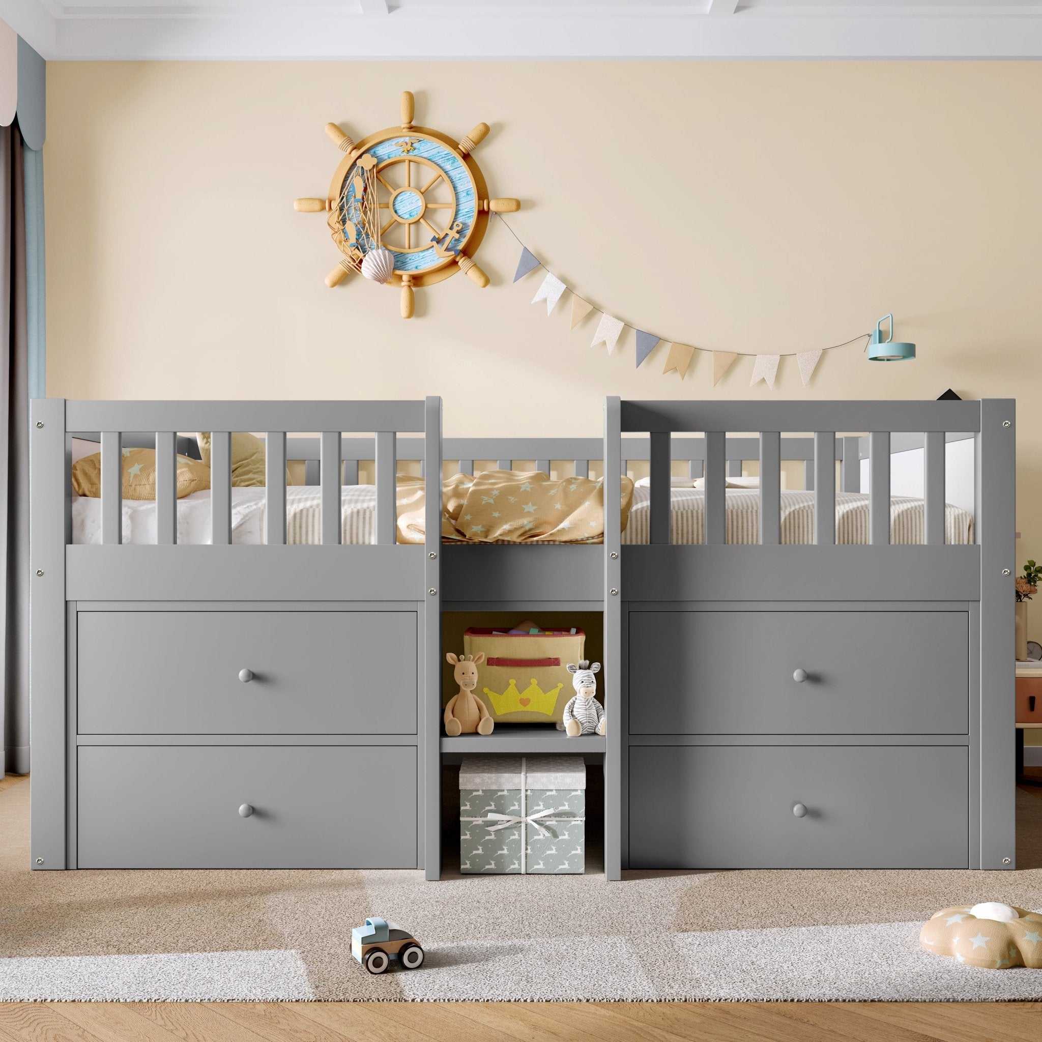Laag Halfhoogslaper met Opbergruimte, Massief Houten Bedframe met 4 Lades en Veiligheidsreling, 90x190cm, Grijs, Zonder Matras - Noventis Home