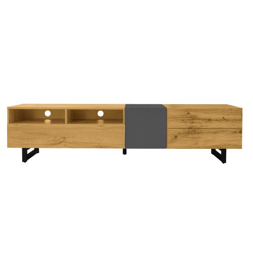 Colorblock TV - meubel, Contrasterend Kleurdesign, 3 Deuren en 2 Vakken, U - vormige Metalen Poten, Retro Houtnerf, 170 cm - Noventis Home