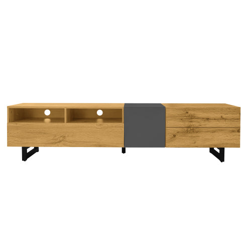 Colorblock TV-meubel, Contrasterend Kleurdesign, 3 Deuren en 2 Vakken, U-vormige Metalen Poten, Retro Houtnerf, 170 cm