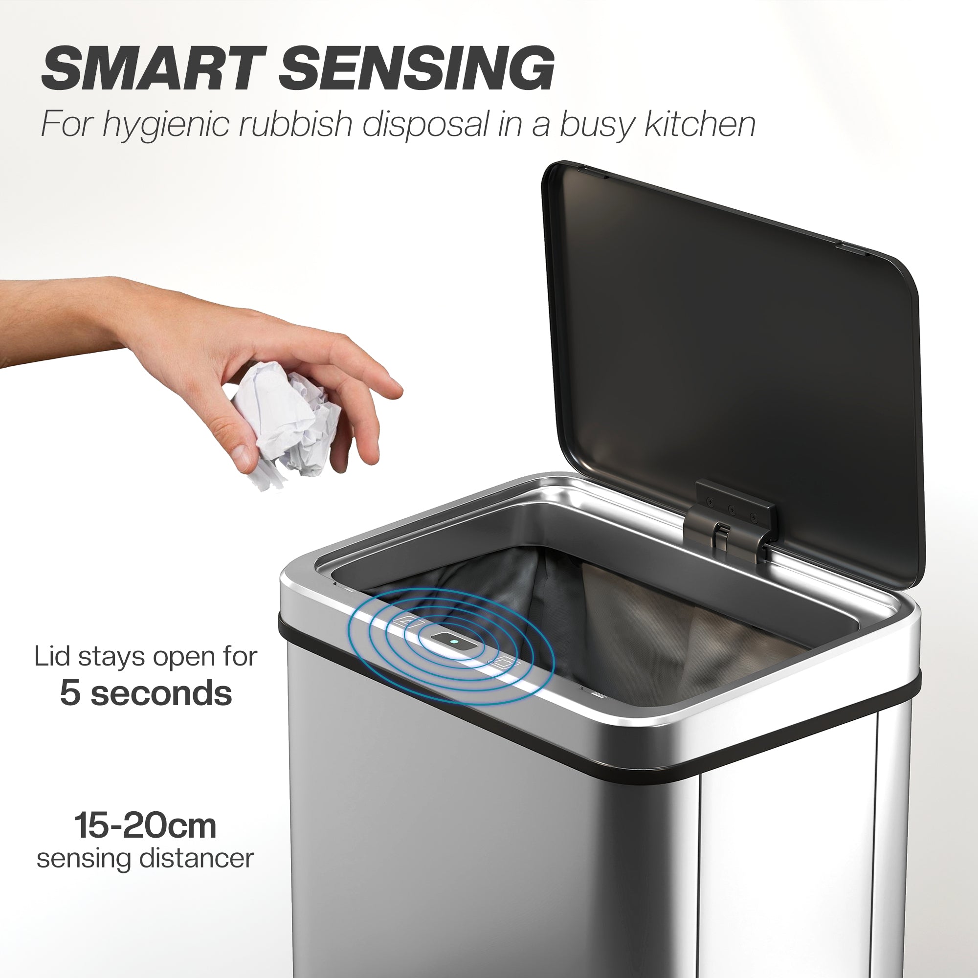 40L Sensor Prullenbak met Soft - Close Deksel, Automatische Bewegingssensor, Vingerafdrukbestendig RVS, Zilver - Noventis Home