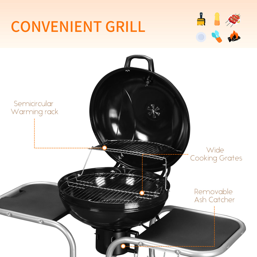 Portable Charcoal Kettle Grill Outdoor Barbecue Trolley BBQ Heat Smoker Grilling With 2 Wheels, Storage Shelf And 4 Hooks, Free Standing, Black - Noventis Home