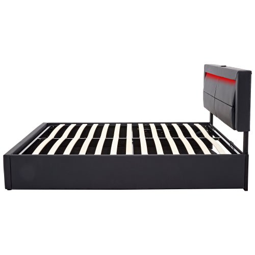 Gestoffeerd Bed 135 x 190 cm, Tweepersoons, met USB - oplaadpoort (Draadloos en Bedraad), LED - verlichting en Opbergruimte, Zonder Matras, PU Lychee Design, Zwart - Noventis Home