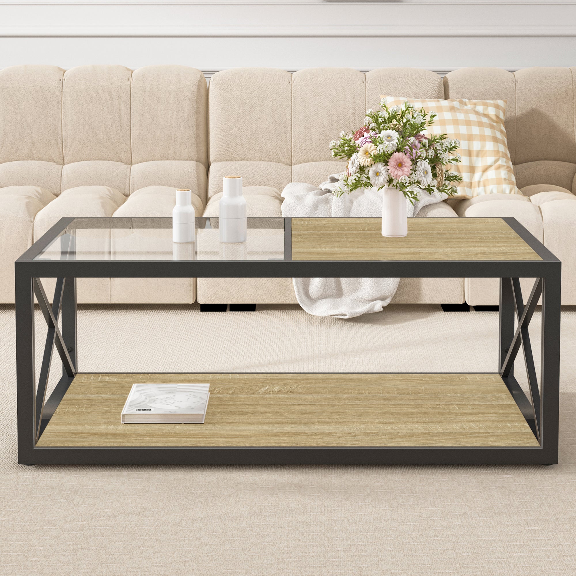 Moderne Salontafel voor Slaapkamer en Woonkamer, Gehard Glas en Naturel Hout MDF Blad, Industrieel Design