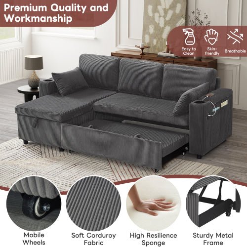 3 In 1 Convertible Corduroy Sofa Bed With Storage Chaise, L Shaped Sleeper Sofa Couches With Armrest Storage And Charging Station. Pullout Sectional Daybed For Living RoomBedroomOffice, Grey - Noventis Home