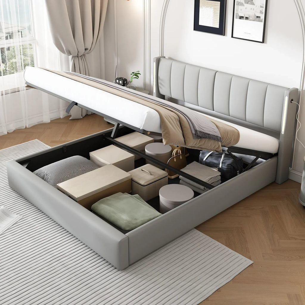 LED Gestoffeerd Bed, Kingsize 150x200 cm, Hydraulisch Bed met USB - oplaadpoort, LED - verlichting, Opbergruimte en Verstelbaar Hoofdeinde, PU, Grijs - Noventis Home