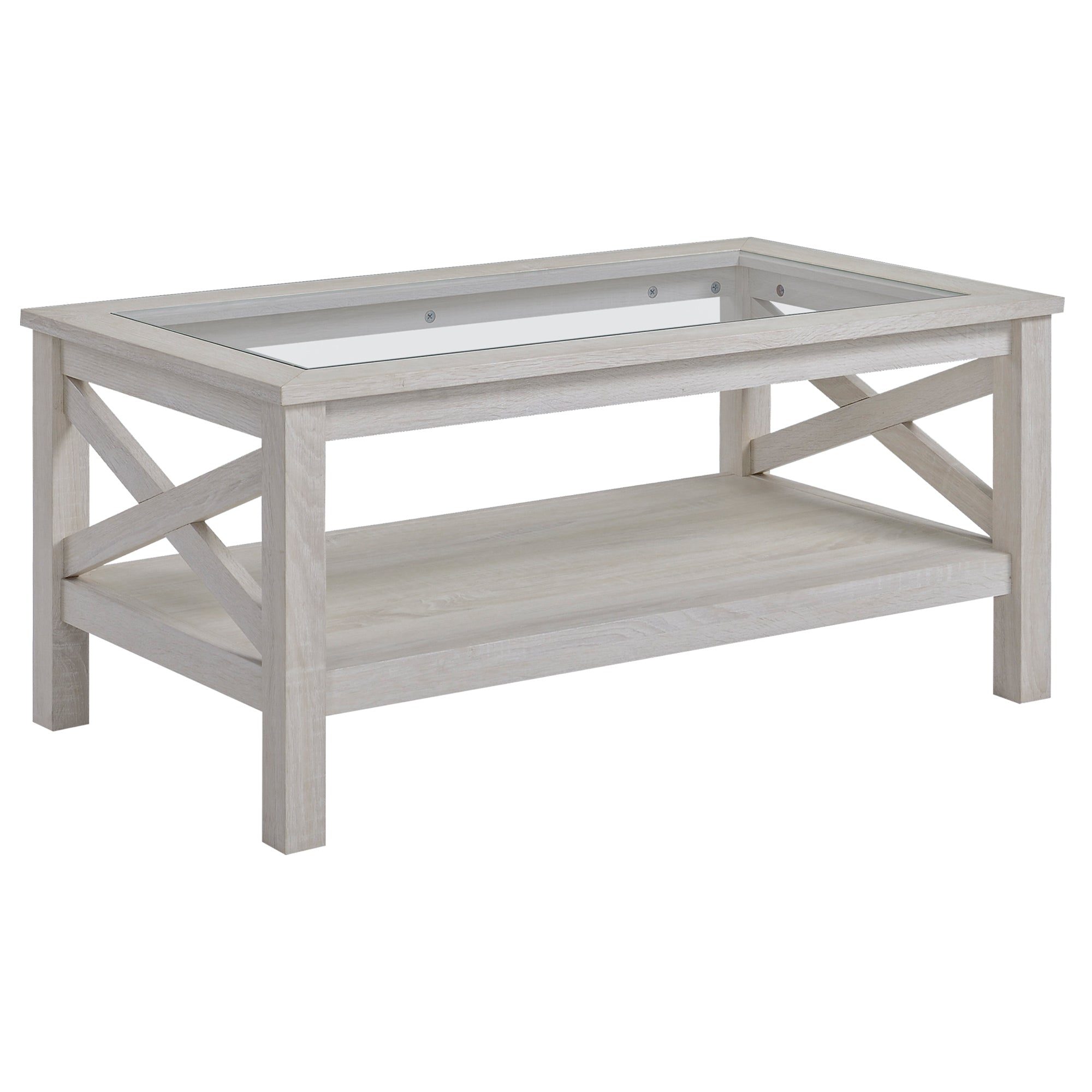 Coffee Table with Tempered Glass Tabletop, Living Room Table with Wood Frame and Underneath Storage Shelf, White Oak - Noventis Home